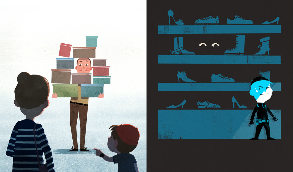 celebrate-picture-books-picture-book-review-secret-agent-man-goes-shopping-for-shoes-shoe-store-man