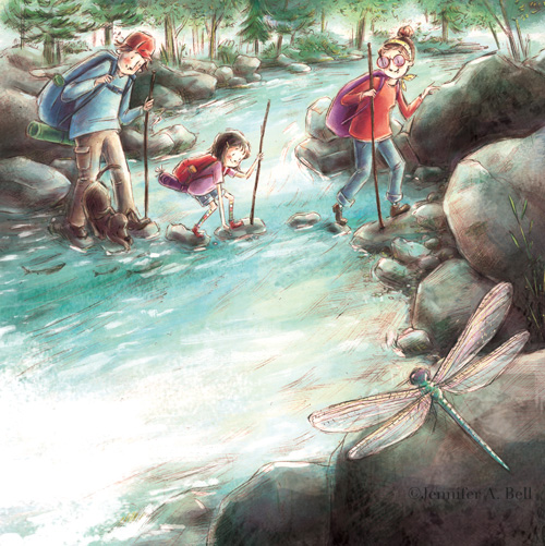celebrate-picture-books-picture-book-review-rhoda's-rock-hunt-crossing stream
