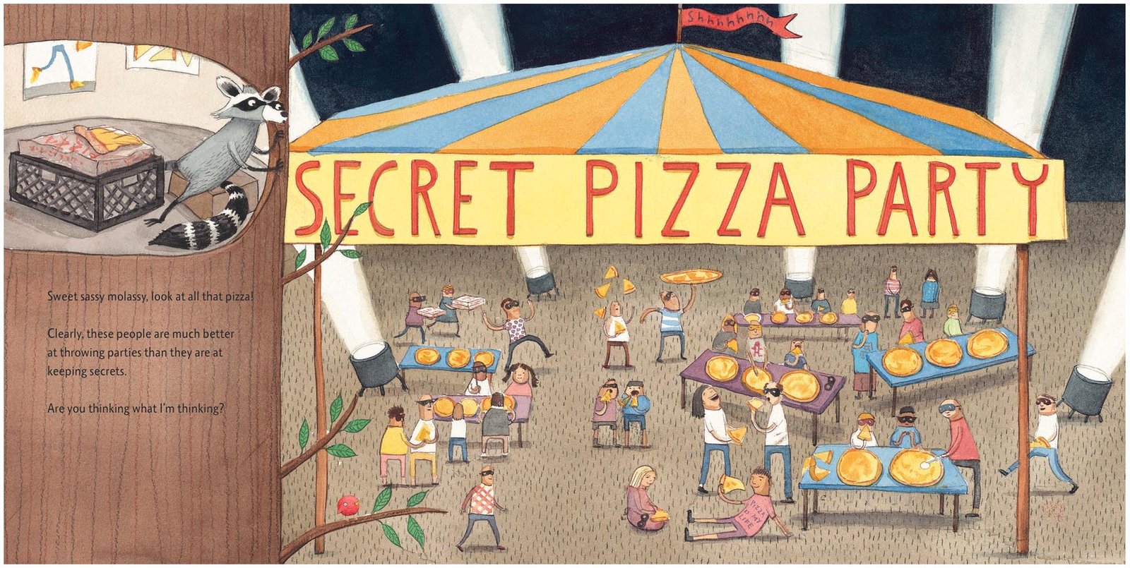 celebrate-picture-books-picture-book-review-secret-pizza-party-party-outside-raccoon's-tree