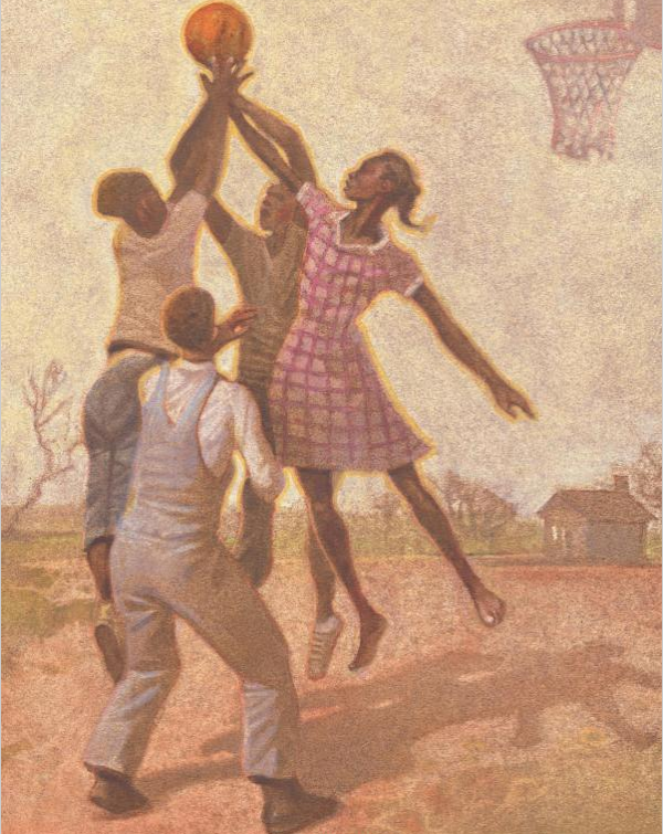 celebrate-picture-books-picture-book-review-Queen-of-the-Track-playing-basketball