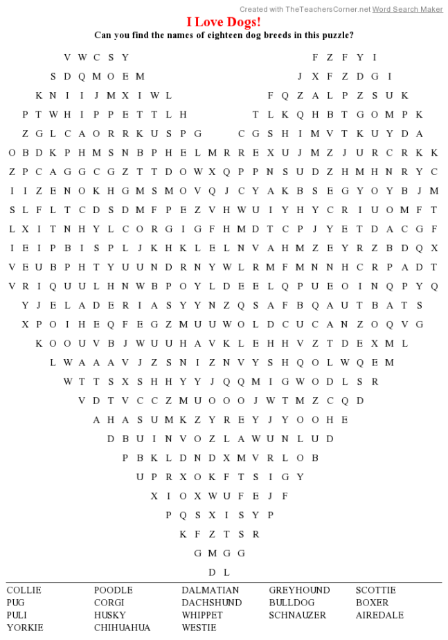 Dog Breeds Word Search Puzzle