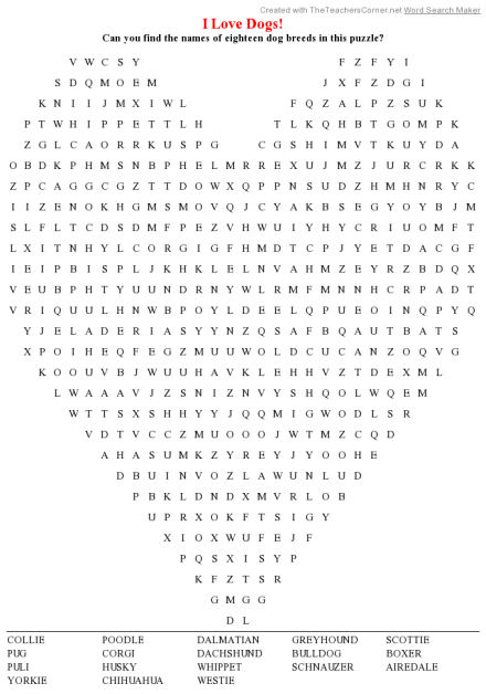 Printable Dog Breeds Word Search Puzzle