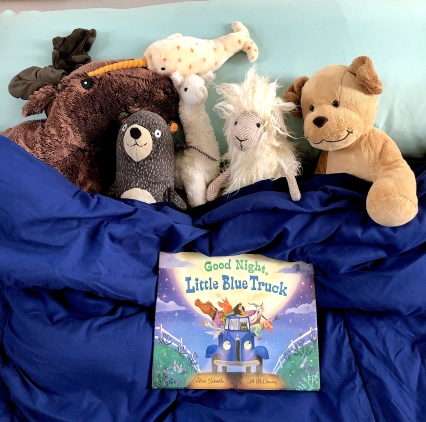 celebrate-picture-books-picture-book-review-good-night-little-blue-truck-pajama-party-sleeping