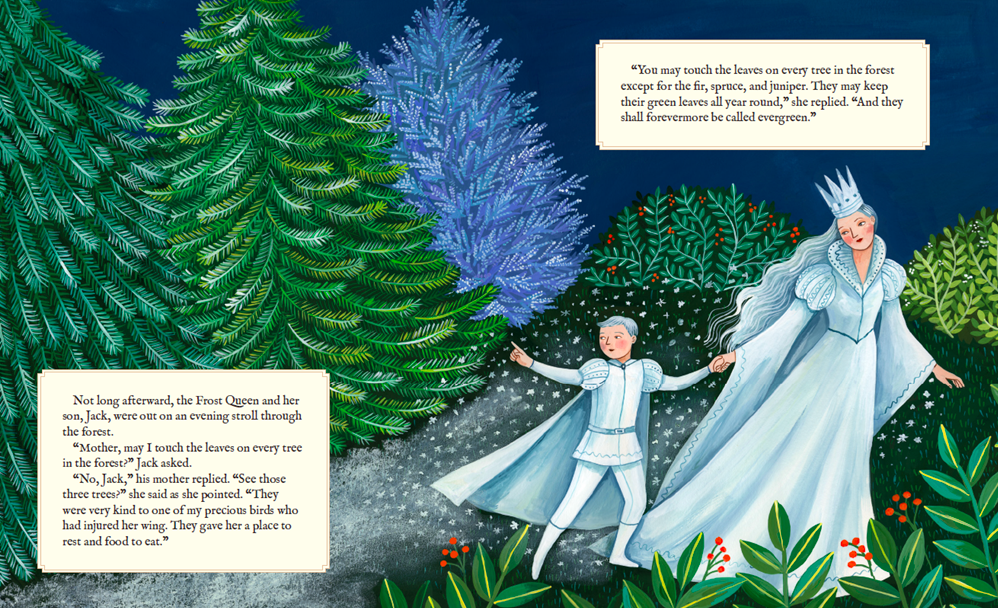 celebrate-picture-books-picture-book-review-why-evergreens-keep-their-leaves-frost-queen
