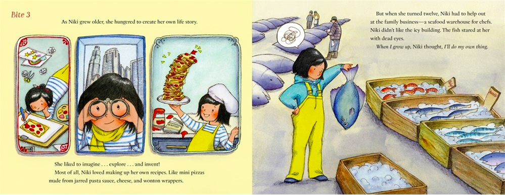 celebrate-picture-books-picture-book-review-niki-nakayama-a-chef's-tale-in-13-bites-fish-market